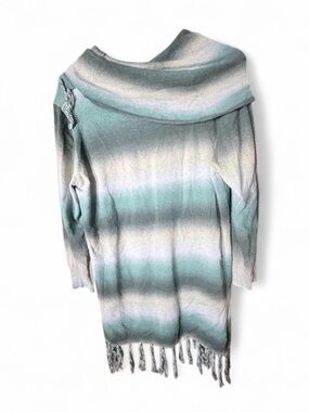 Reba Striped Fringe Cardigan in Aqua and Gray